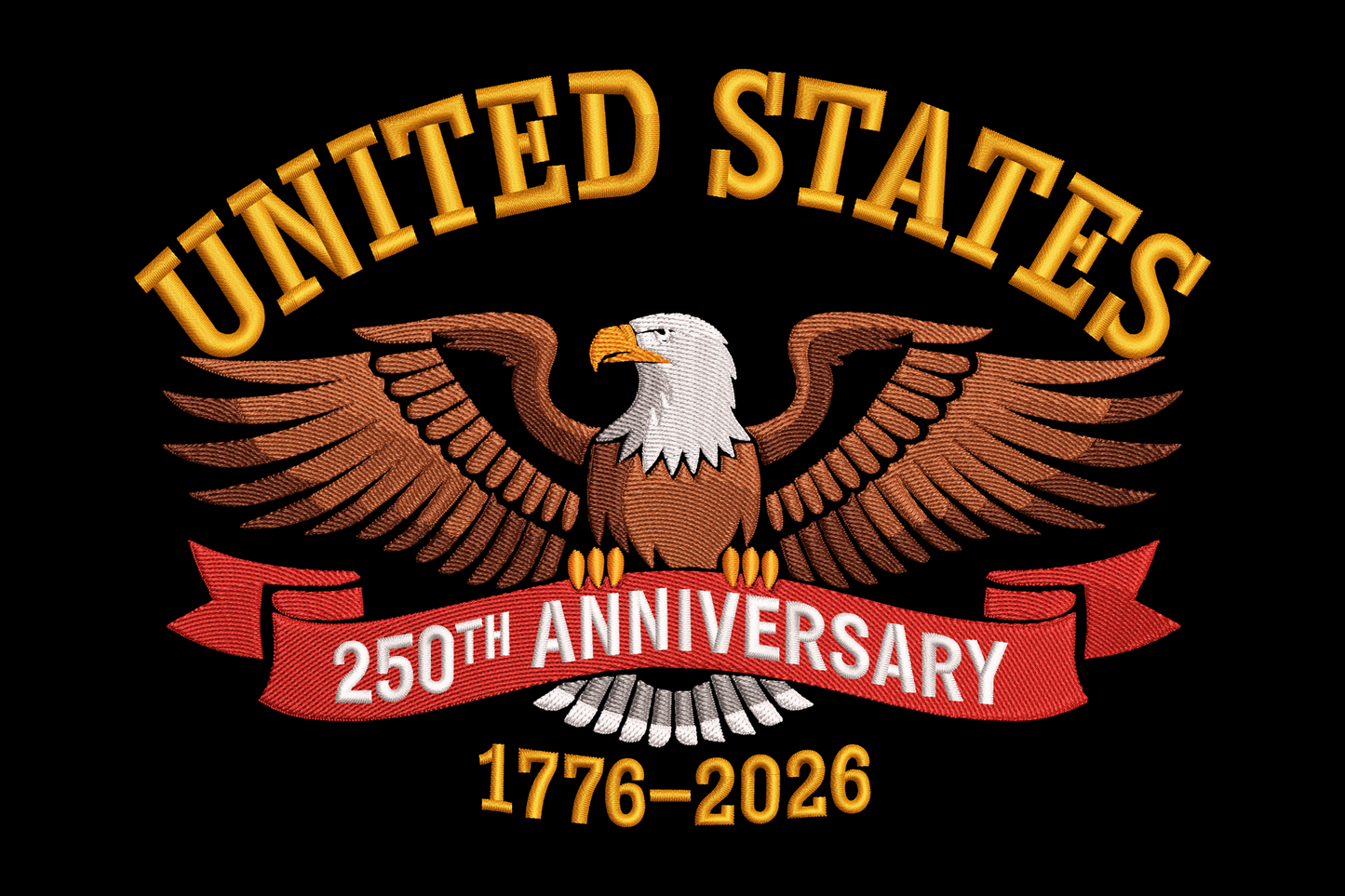 Emblem celebrating the 250th anniversary of the United States with an eagle and text on a black background.