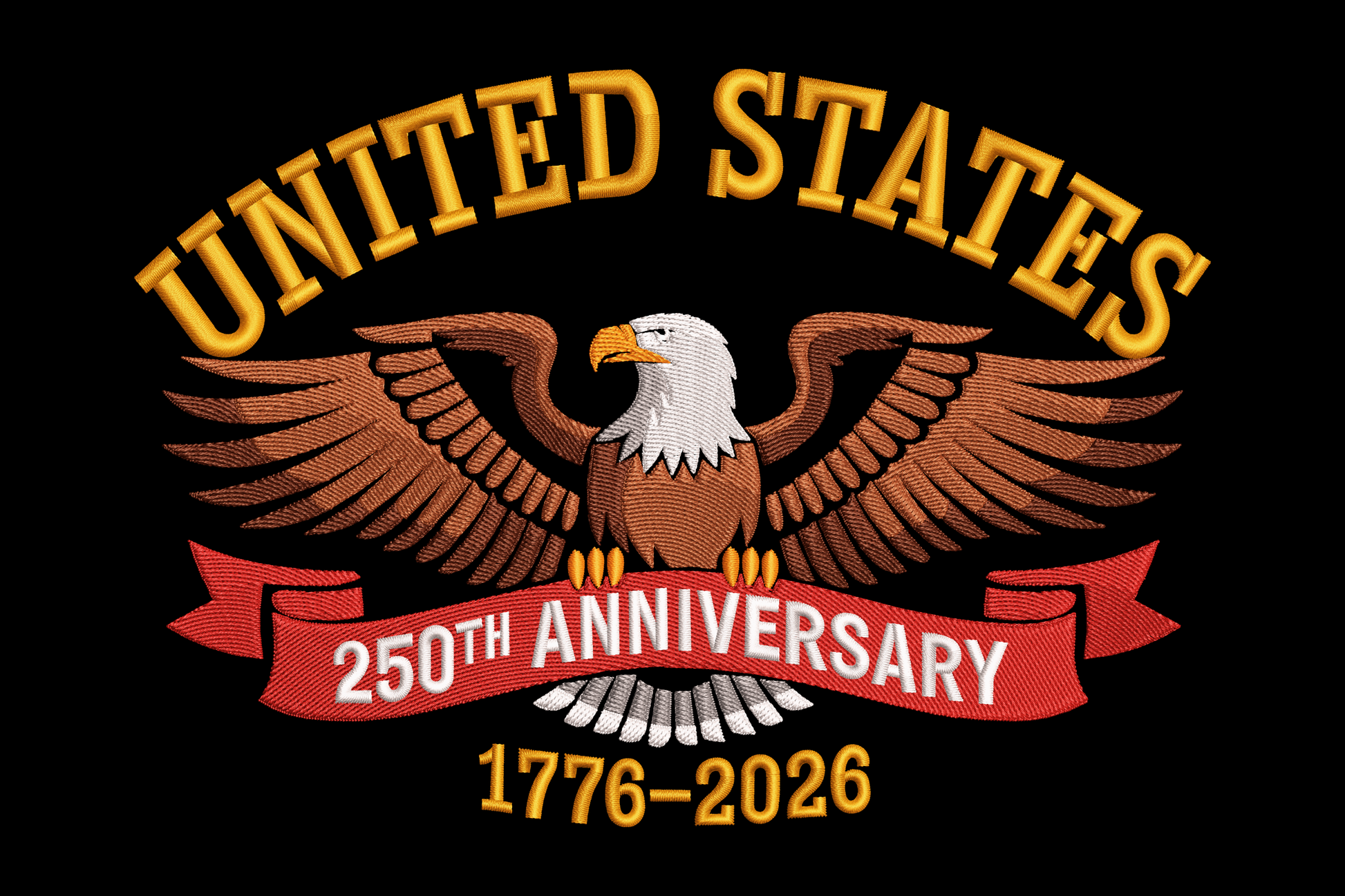 Emblem celebrating the 250th anniversary of the United States with an eagle and text on a black background.