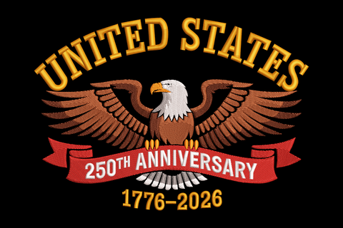 Emblem celebrating the 250th anniversary of the United States with an eagle and text on a black background.