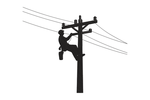 Silhouette of a person climbing a telephone pole with power lines.