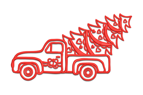Red outline vintage pickup truck hauling a Christmas tree with hearts in the branches. Single color embroidery, 5 sizes.