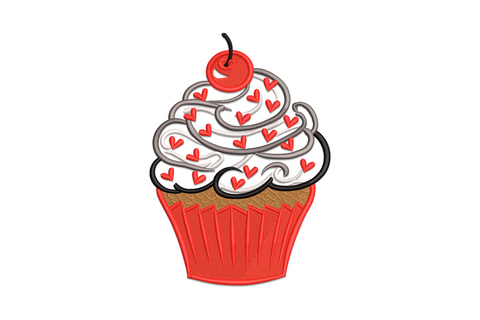 Valentine cupcake embroidery with red paper case, swirled grey-white frosting covered in tiny red heart sprinkles and a red cherry on top, 6 colours