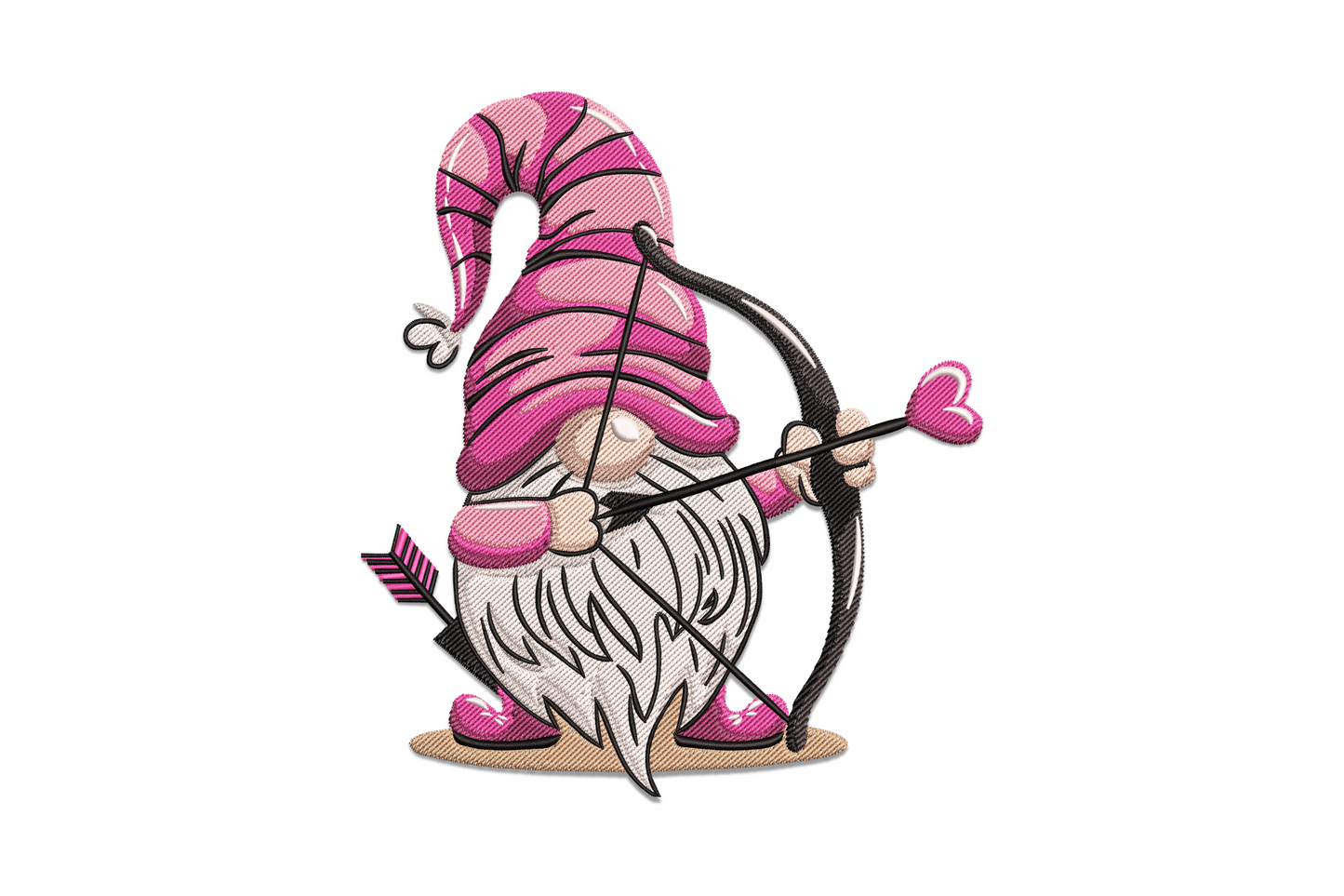 Cupid gnome embroidery with pink and black striped hat, white fluffy beard, curved bow and pink heart-tipped arrow.