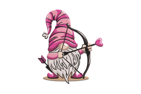 Cupid gnome embroidery with pink and black striped hat, white fluffy beard, curved bow and pink heart-tipped arrow.