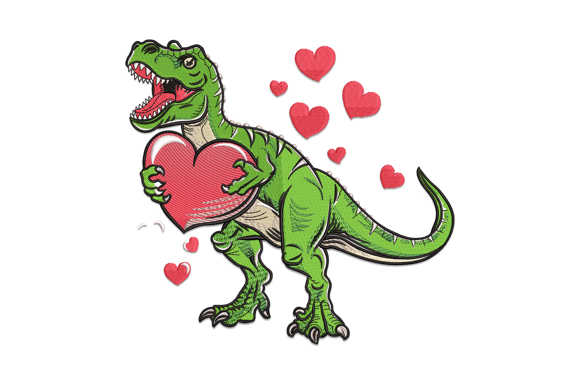 Valentine embroidery design of a green cartoon T-rex holding a large red heart with smaller hearts floating around it