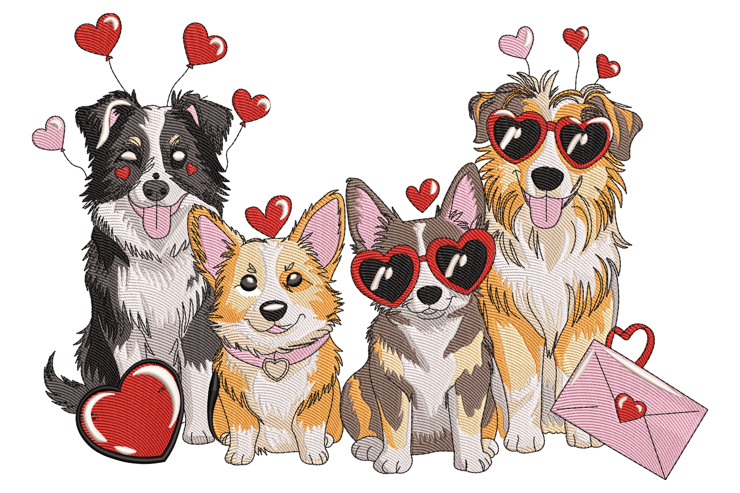 Valentine dogs embroidery design with four breeds in a group portrait including a border collie and golden retriever with heart antennae headbands, a corgi with a heart necklace and a small dog wearing red heart-shaped glasses, with a red heart and pink envelope as props.