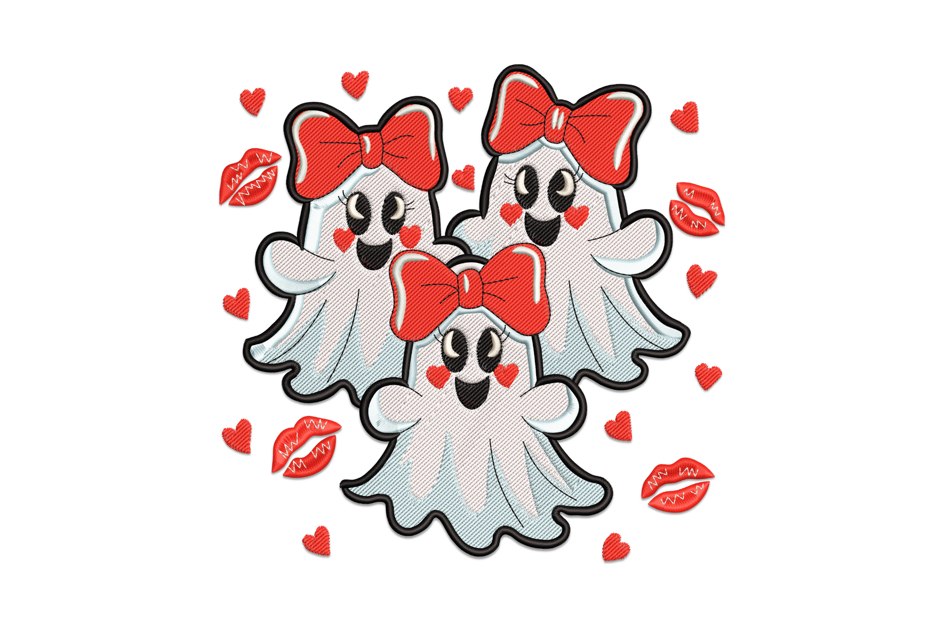 Ghost trio embroidery, three ghosts holding red hearts with wavy hems and blush cheeks, 6 colours, valentine design.