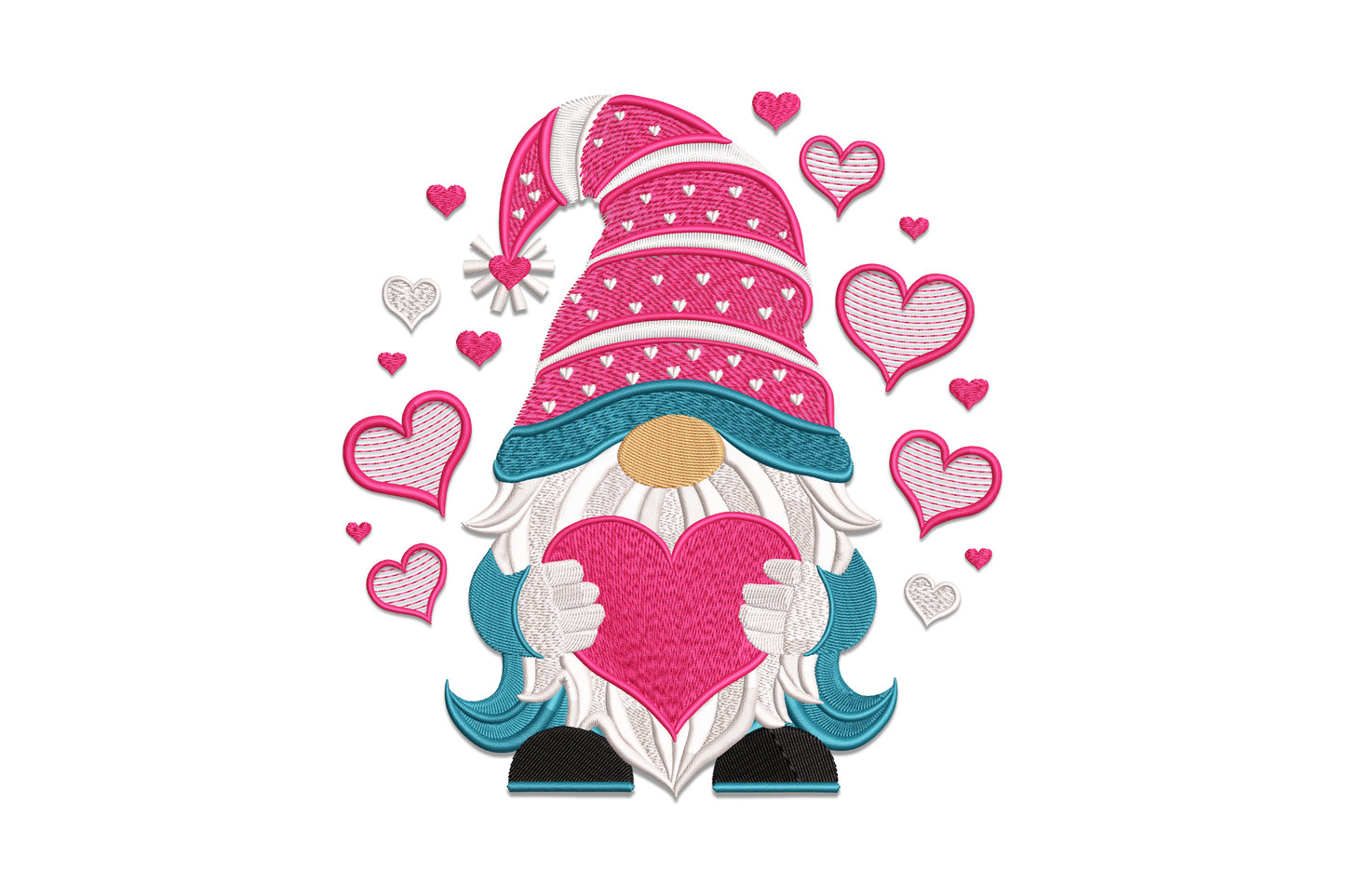 Valentine gnome holding a heart embroidery design with teal body, pink striped hat, and floating hearts on white background.