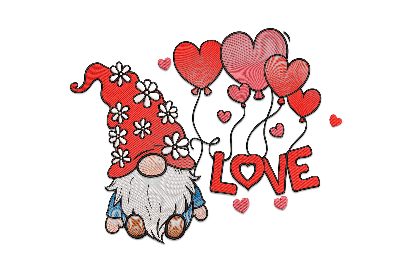 Machine embroidery design of a whimsical gnome holding heart-shaped love balloons in 8 colours, Valentine gnome design in 4 sizes from 5.5 to 8.5 inches wide