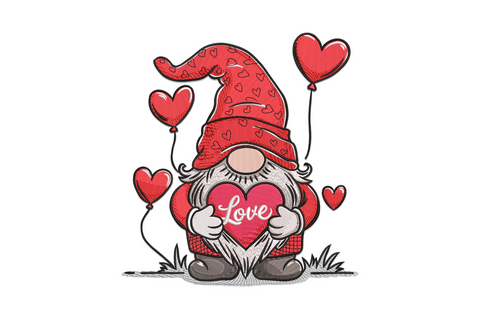 Valentine gnome embroidery design with red heart-print hat holding a Love heart, surrounded by red heart balloons on strings