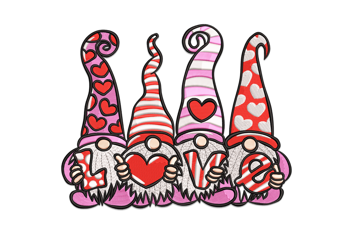 Valentine gnome love machine embroidery design with four gnomes in patterned pointy hats holding L-O-V-E letter cards, white beards and pink feet in a wide horizontal row