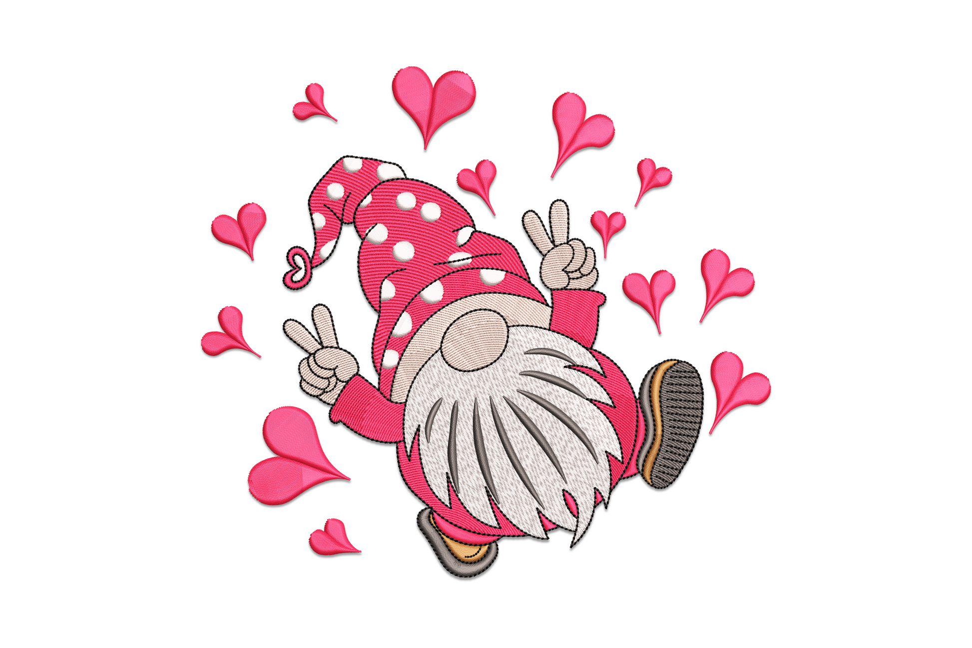 Valentine gnome embroidery design in red polka dot hat throwing double peace signs, hot pink hearts scattered around, 5 sizes.