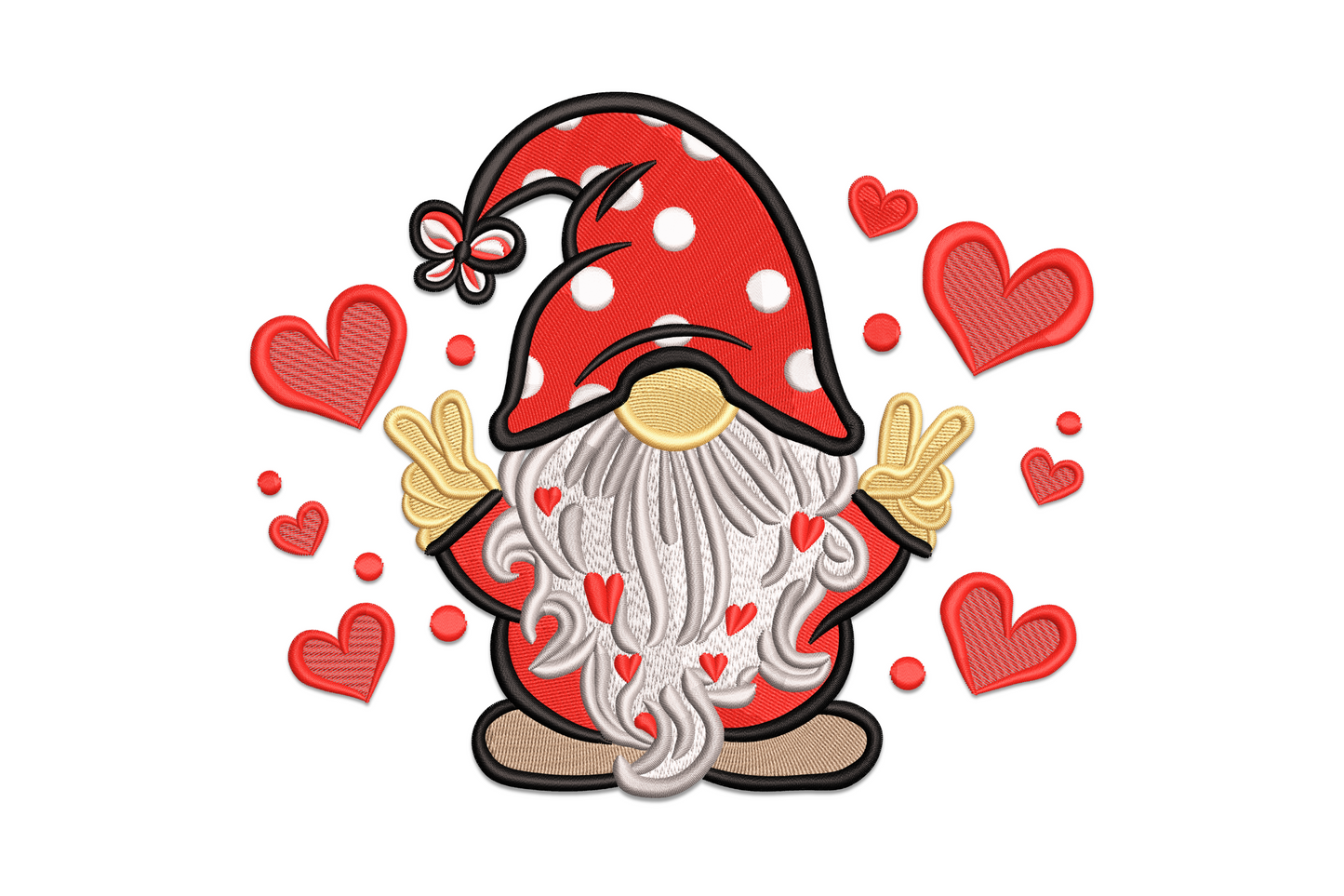Valentine gnome embroidery with red polka dot hat, long grey beard, peace hands, floating red hearts, 7.51 inch wide.