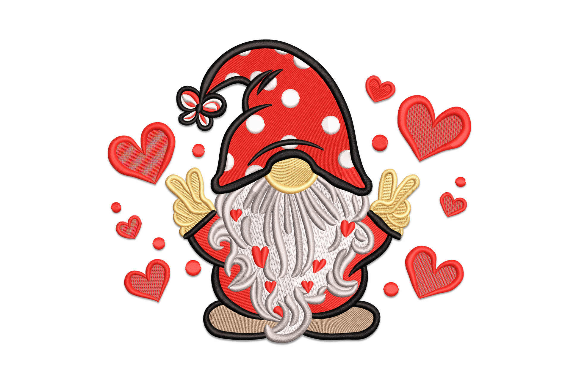 Valentine gnome embroidery with red polka dot hat, long grey beard, peace hands, floating red hearts, 7.51 inch wide.