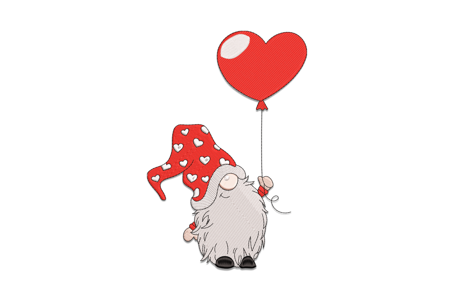 Valentine gnome embroidery design holding red heart balloon with white beard and red heart-print outfit