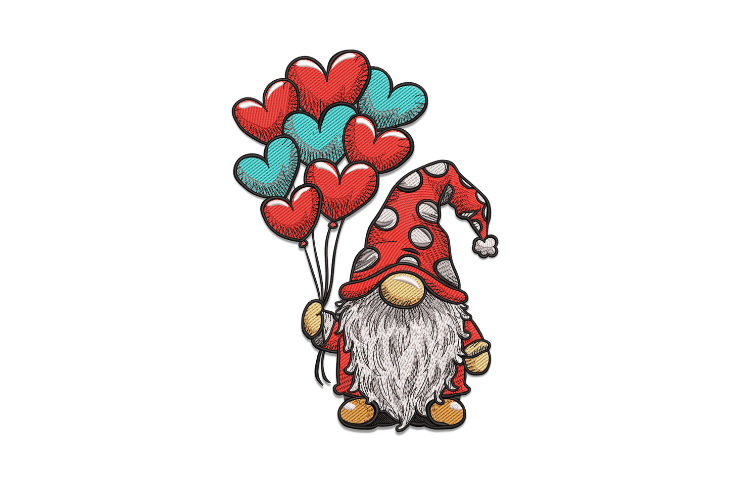 Valentine gnome clutching heart balloons embroidery design, 9 colours whimsical folk art style, 4 sizes landscape format