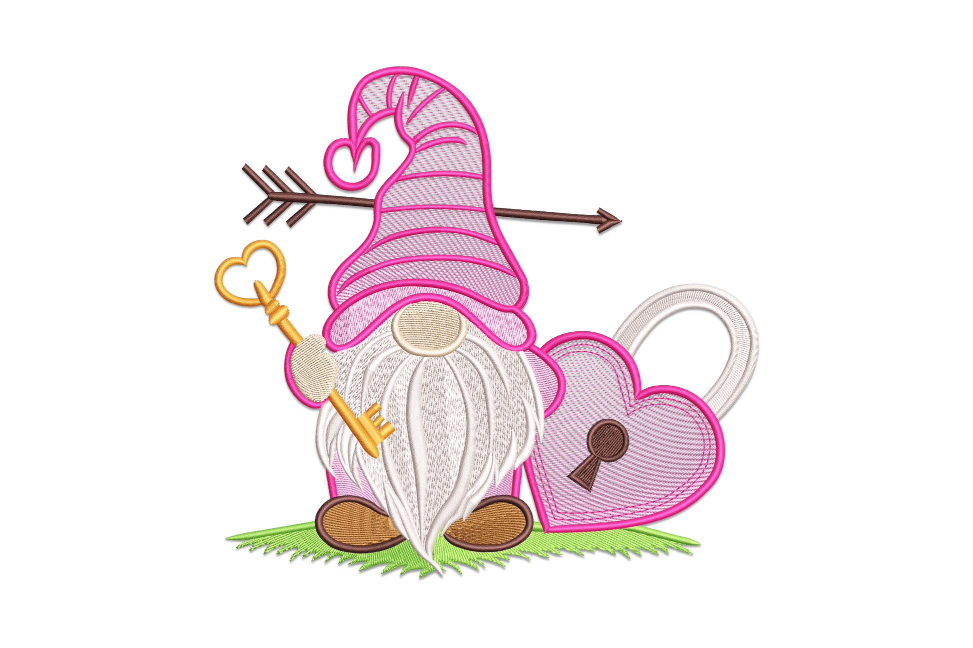 Valentine gnome embroidery design with pink striped hat, gold heart key, and pink heart padlock with an arrow through the hat
