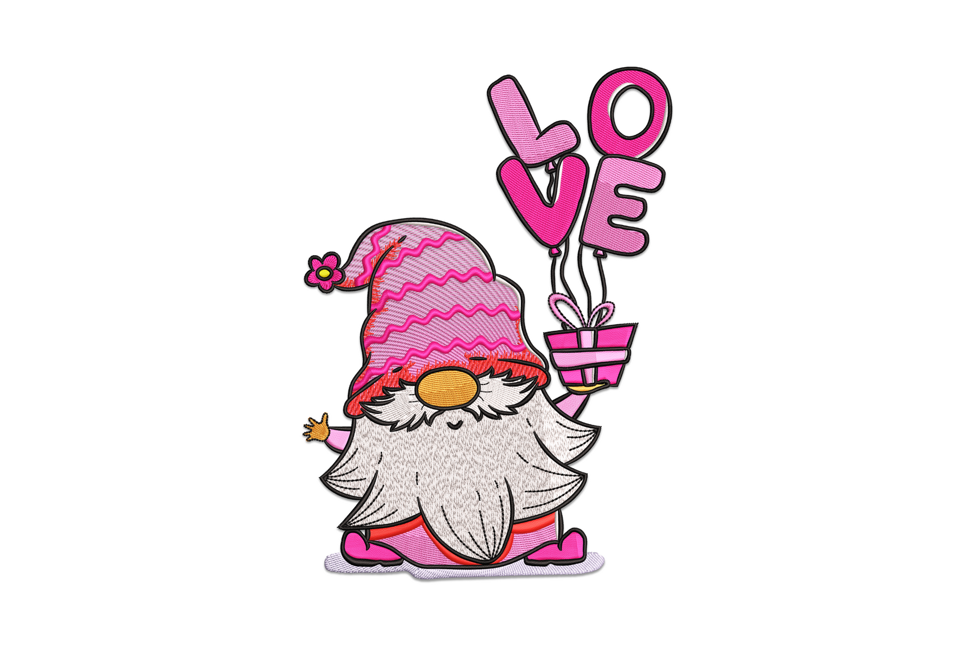 Valentine gnome holding LOVE balloons embroidery design with pink striped hat, gift box, and magenta letter balloons in 8 colours.