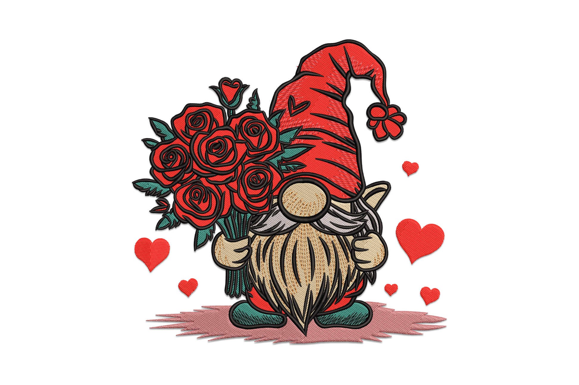 Valentine gnome holding roses bouquet embroidery, whimsical figure with satin nose, droopy hat, 8-colour threads