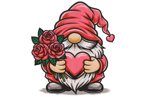 Valentine gnome embroidery with long crimson hat, fluffy white beard and bouquet of red and burgundy roses.