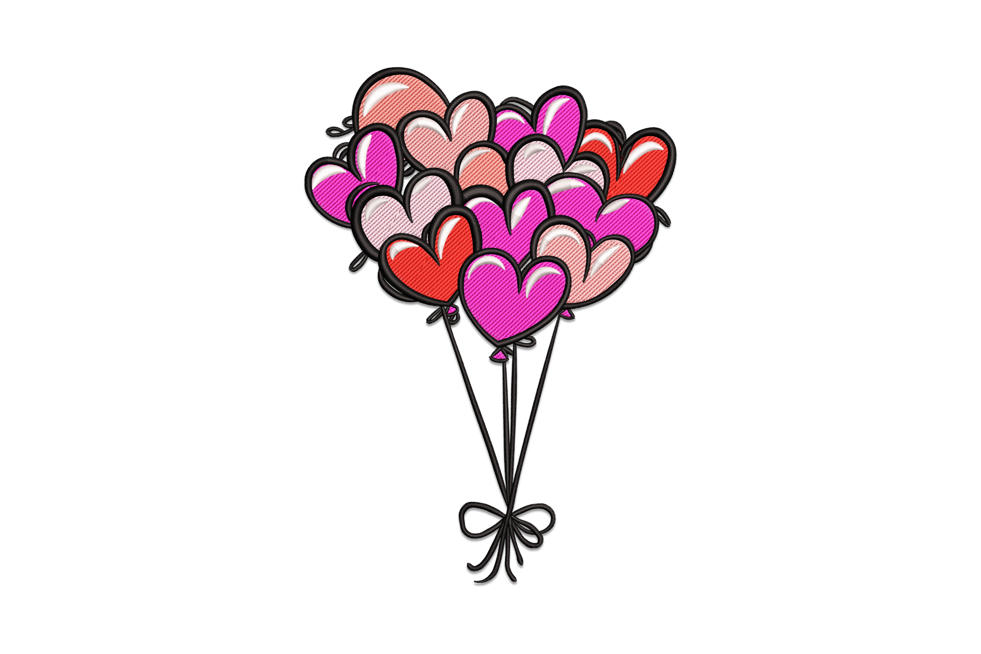 Heart balloon bouquet embroidery with 7 heart-shaped balloons on curling strings tied together, valentines style