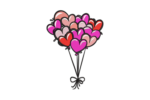 Heart balloon bouquet embroidery with 7 heart-shaped balloons on curling strings tied together, valentines style