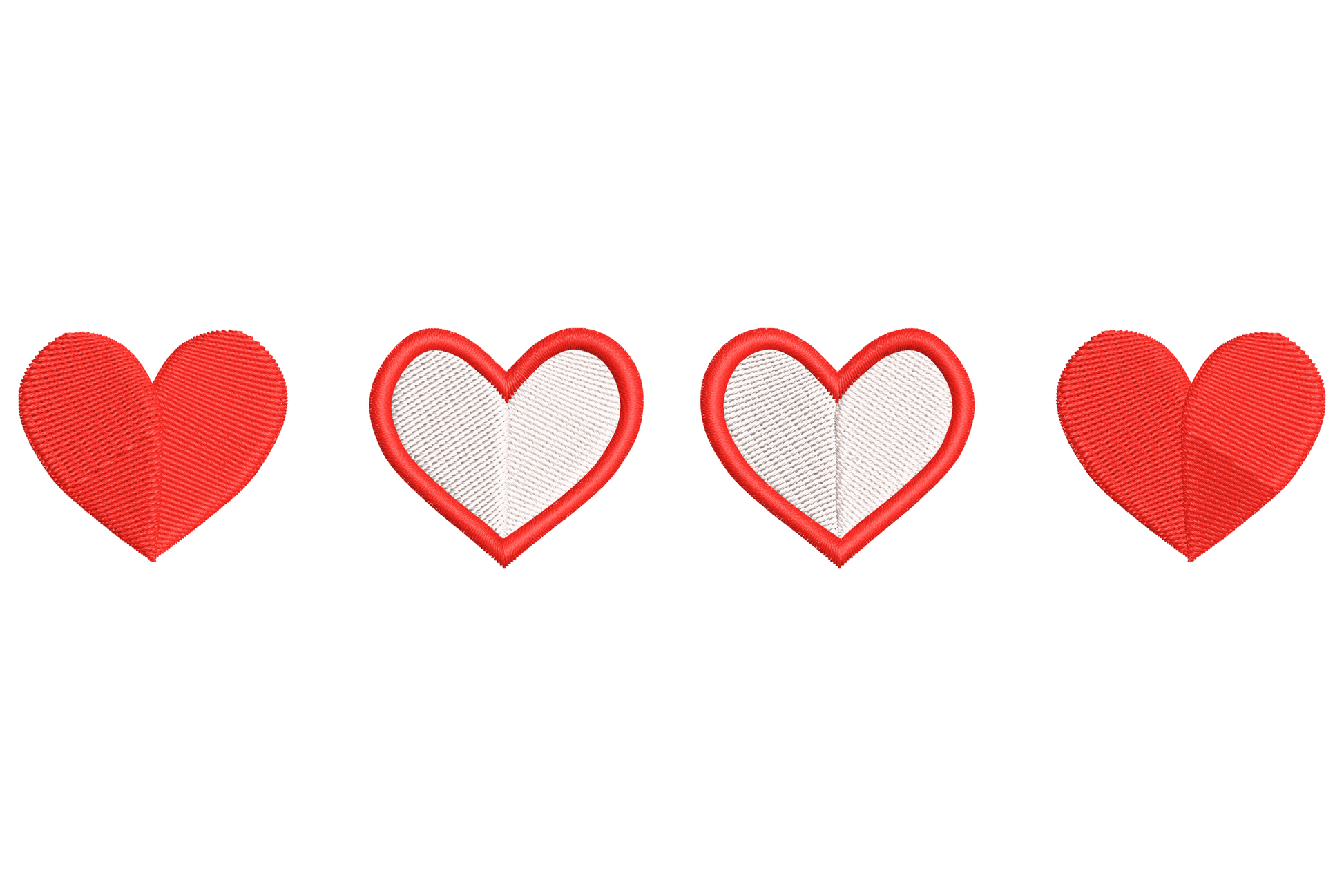 Valentine heart border embroidery design, four hearts in a row alternating solid red satin and open outline stitch.