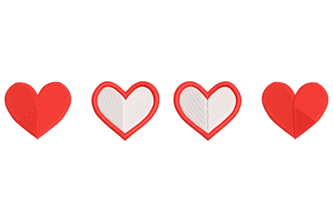 Valentine heart border embroidery design, four hearts in a row alternating solid red satin and open outline stitch.