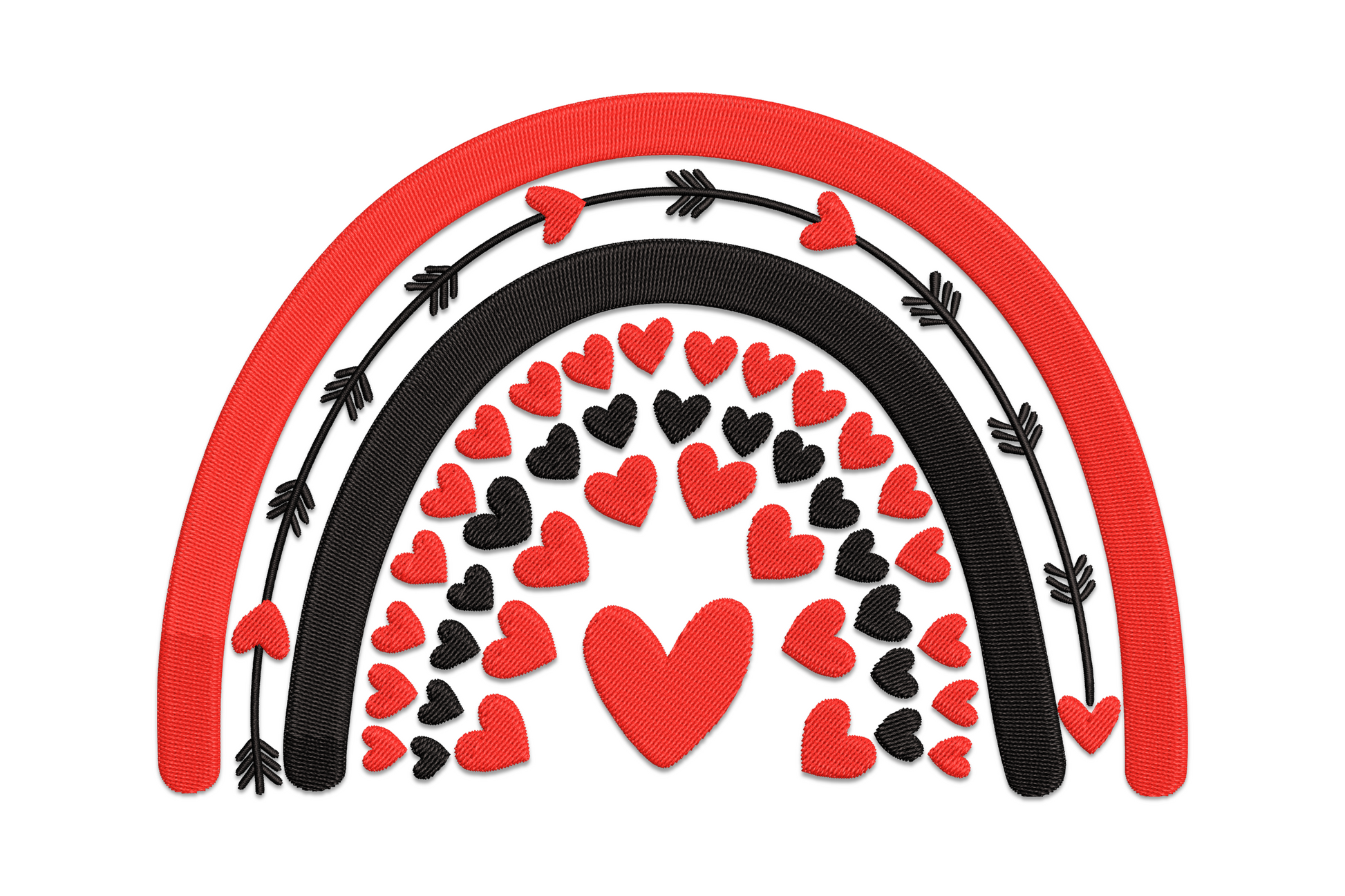 Valentine heart rainbow embroidery design with layered colour bands in satin fill heart shape, 5 sizes 3.51 to 7.51 inches