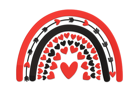 Valentine heart rainbow embroidery design with layered colour bands in satin fill heart shape, 5 sizes 3.51 to 7.51 inches