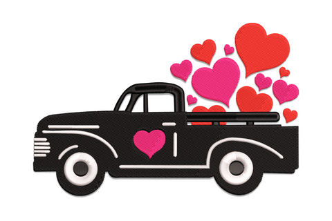 Vintage pickup truck with red hearts spilling from cargo bed, red, black, cream and grey embroidery on cream cotton