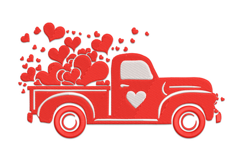 Machine embroidery design of a pickup truck with a bed full of hearts in 2 colours, country Valentine style design in 5 sizes from 1.97 to 4.21 inches wide