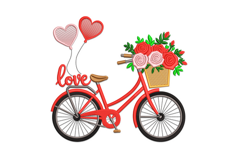 Valentine love bicycle embroidery design, cherry red vintage bike with rose basket, heart balloons and love script on frame, 5 sizes.