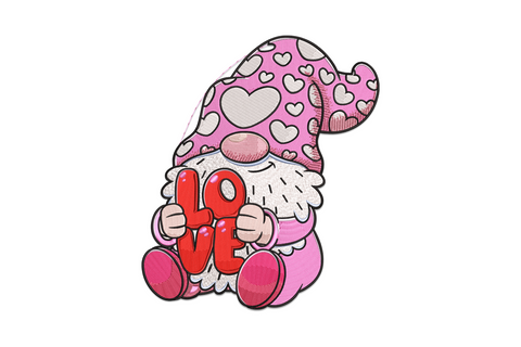 Valentine love gnome embroidery design, pink heart-spotted hat, red LOVE sign, 12-colour fill