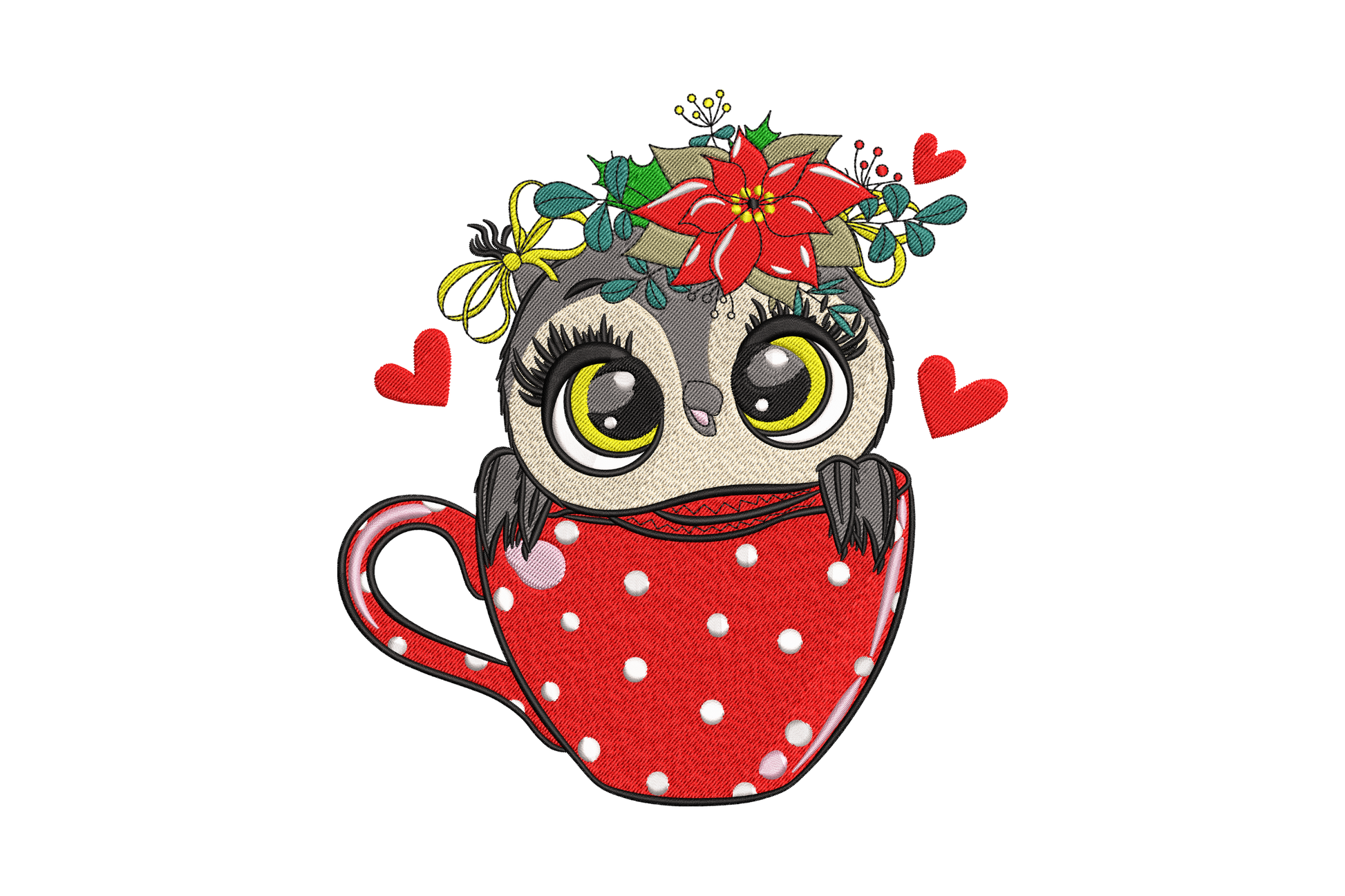 Valentine owl embroidery, cartoon owl in red polkadot teacup with poinsettia and holly headband, hearts.