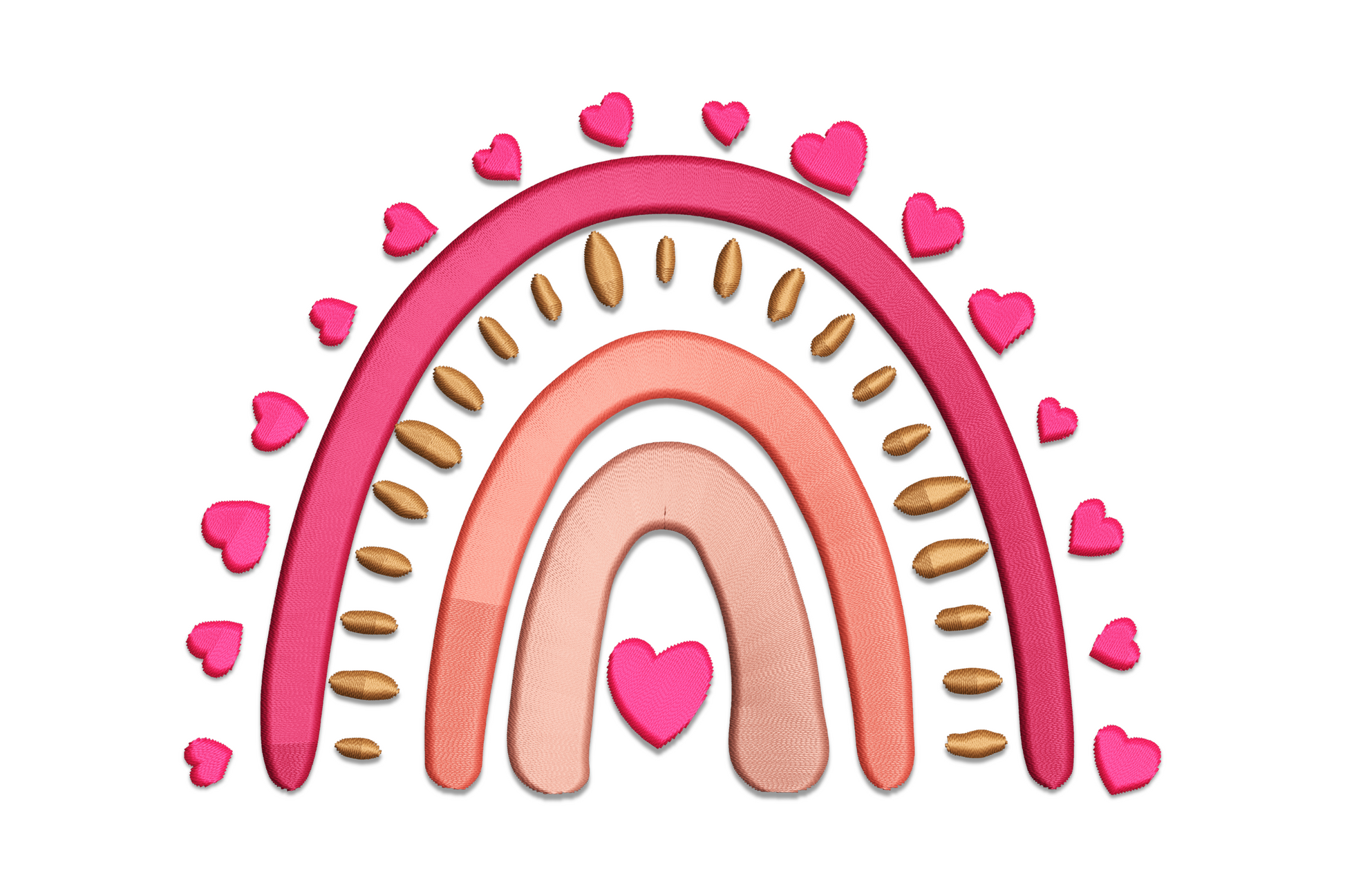 Valentine rainbow heart embroidery design with three blush-to-crimson arches and small satin hearts along the outer band