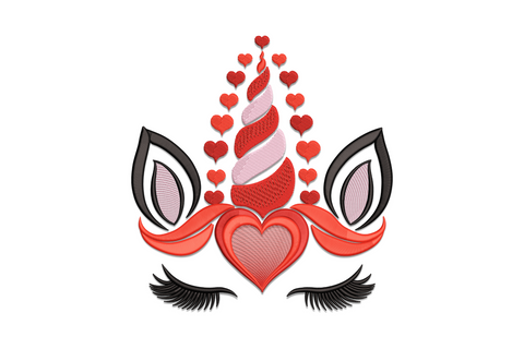 Valentine unicorn face embroidery, spiral red and pink horn, floating hearts, blush ears, coral heart nose, black lashes.