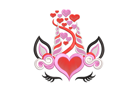 Valentine unicorn heart embroidery design, cute unicorn profile with spiral horn and flowing mane, heart in composition, 4 colours