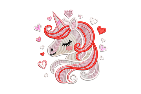 Valentine unicorn hearts embroidery, kawaii-style unicorn with rainbow mane and floating hearts in 7 colours on lavender background