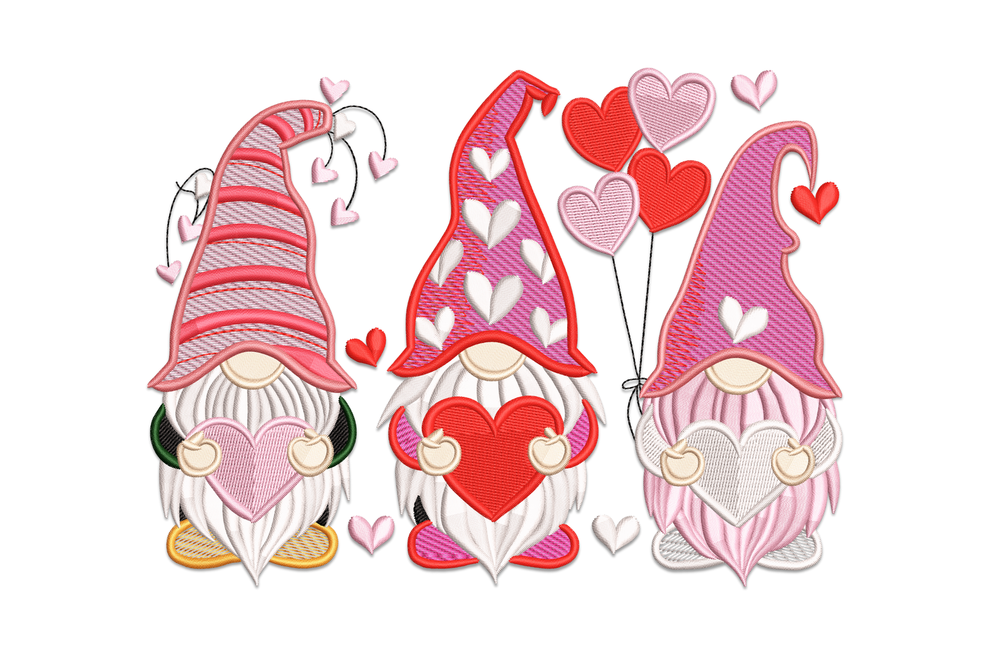 Valentine gnome trio hearts embroidery, three gnomes of different heights each holding a red heart, tall pointed hats and long beards, 15 colour detail