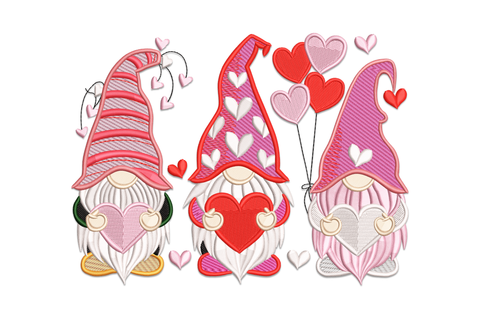 Valentine gnome trio hearts embroidery, three gnomes of different heights each holding a red heart, tall pointed hats and long beards, 15 colour detail