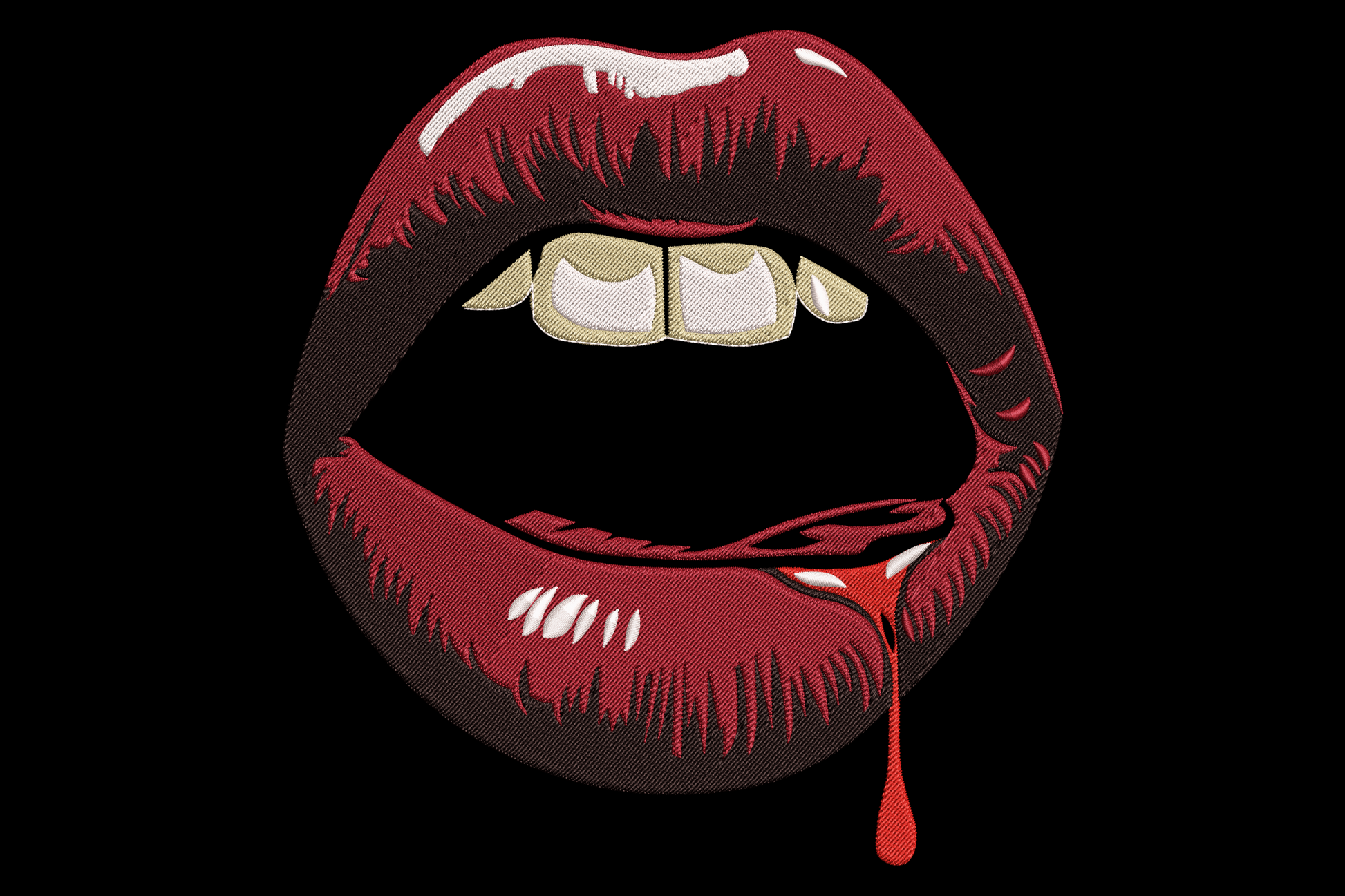 Halloween vampire lips with blood drops embroidery design on black fabric, scarlet lips and cream fangs with ruby red drips