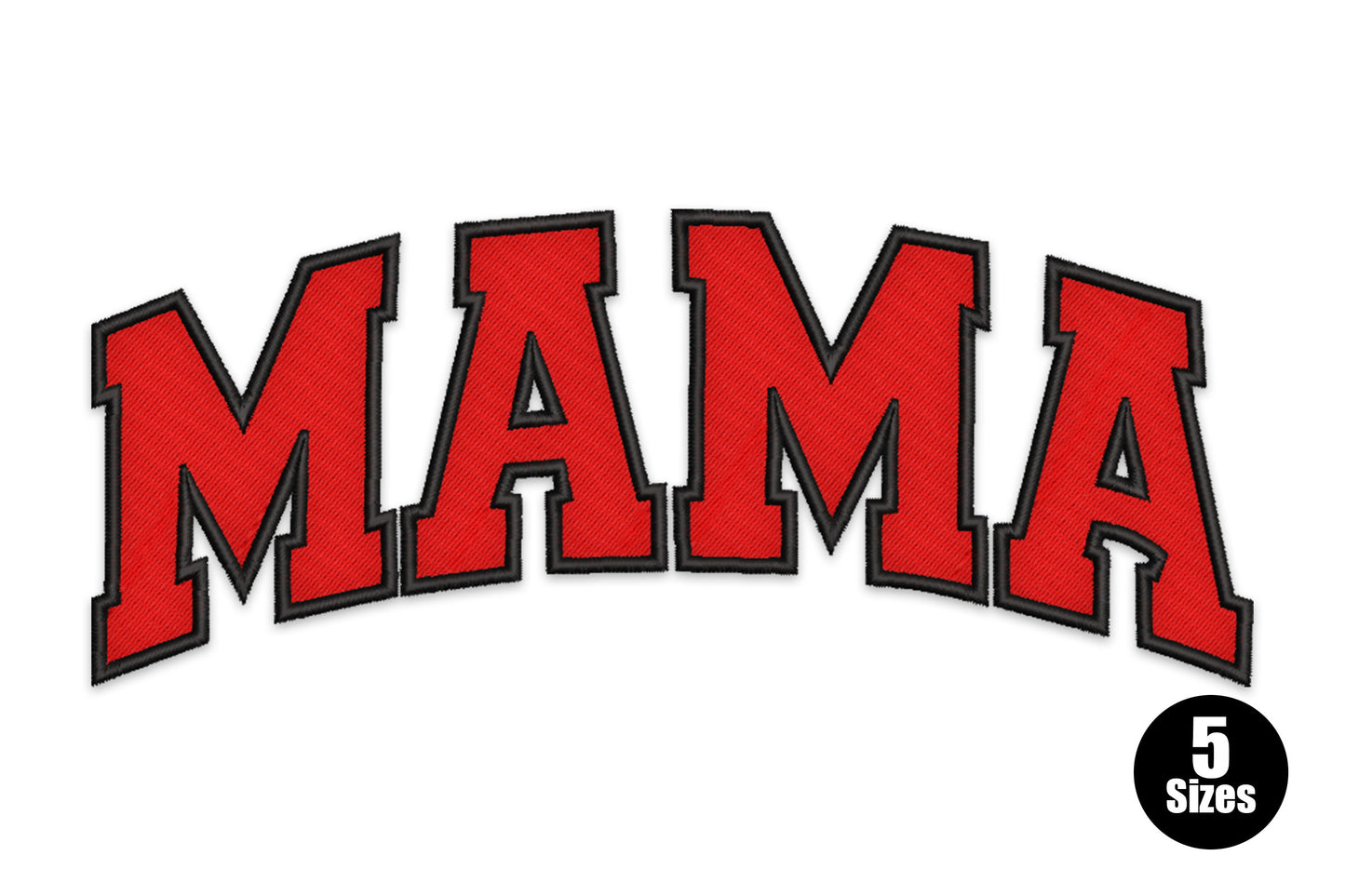 Varsity mama embroidery design with wide arched block letters in red fill and black outline, collegiate athletic style.