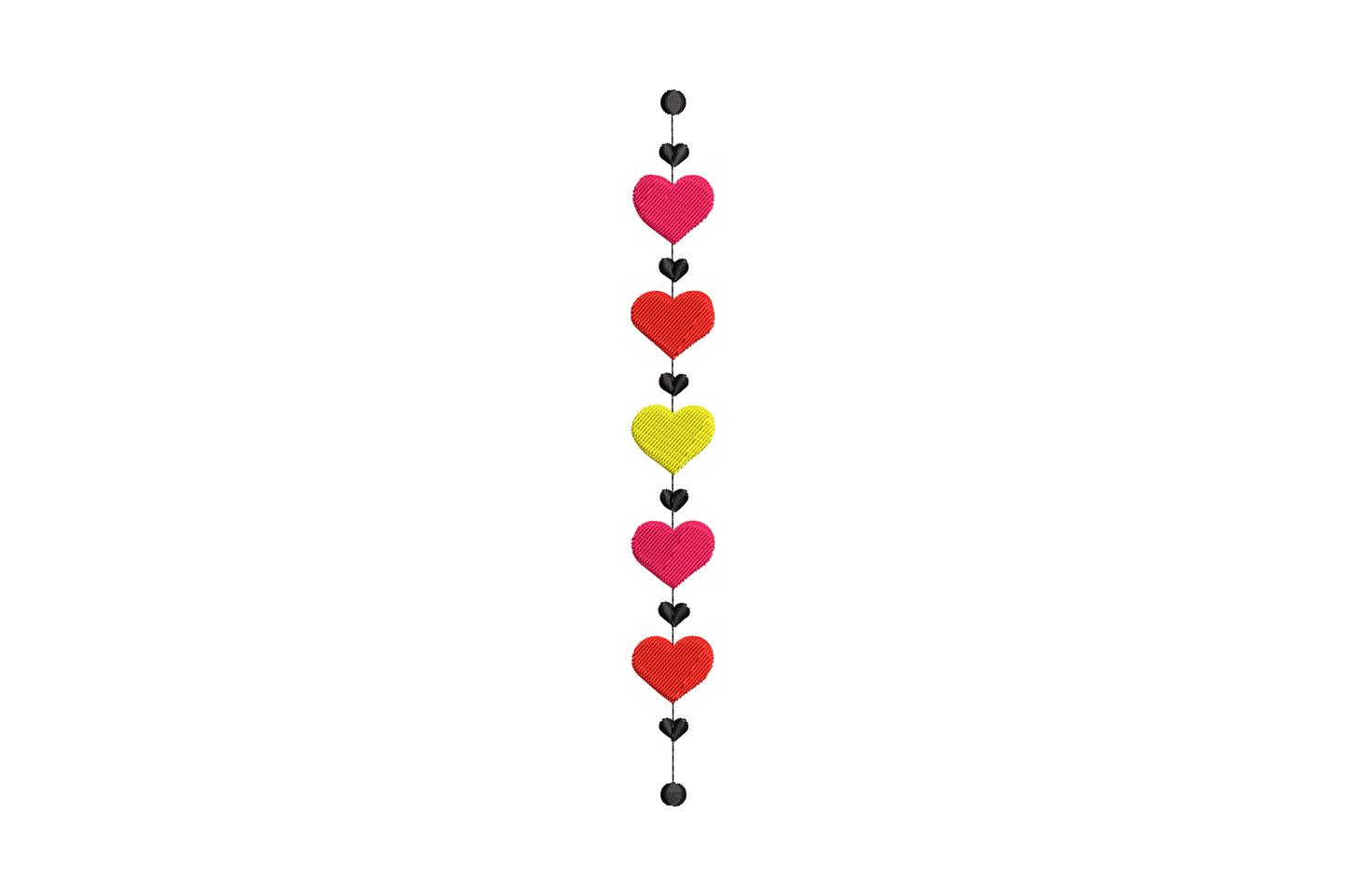 Vertical heart garland embroidery in warm red and dusty rose, slim open outline hearts in a repeating chain border.