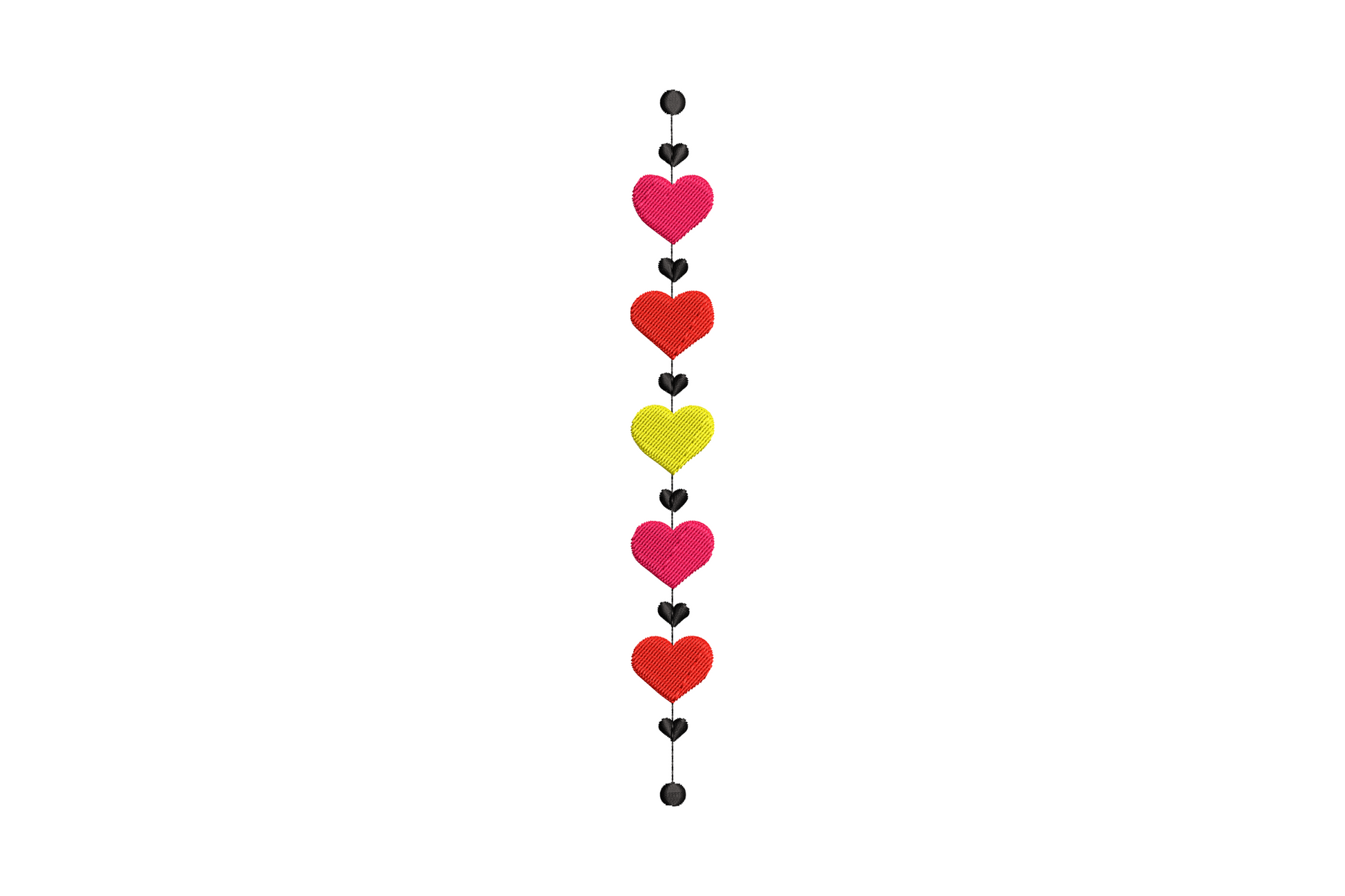 Vertical heart garland embroidery in warm red and dusty rose, slim open outline hearts in a repeating chain border.