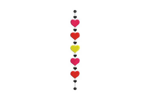 Vertical heart garland embroidery in warm red and dusty rose, slim open outline hearts in a repeating chain border.
