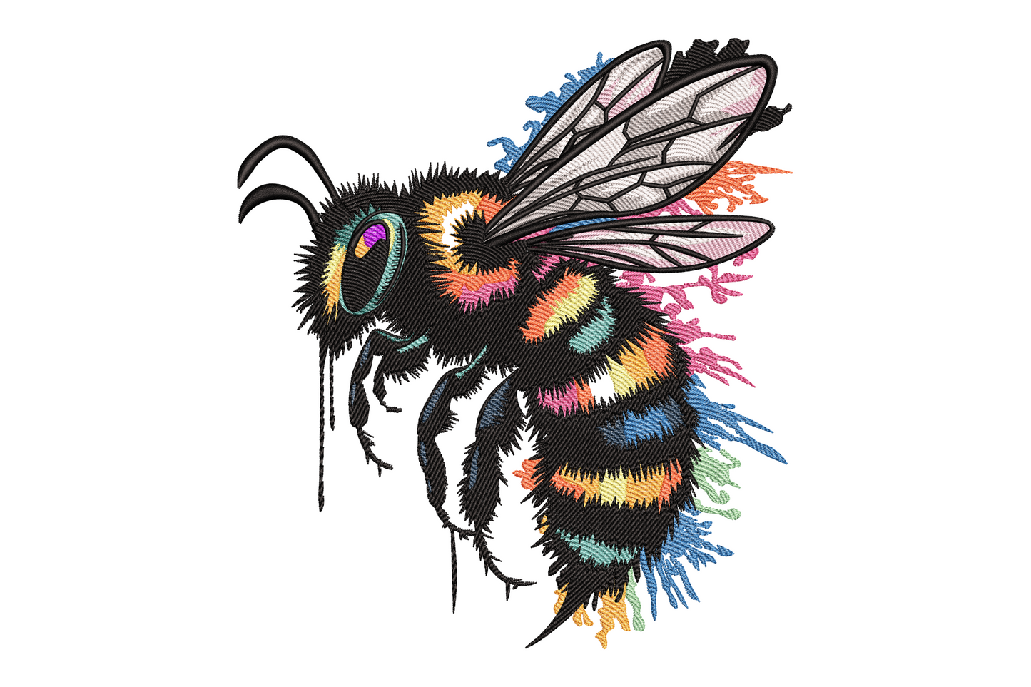 Vibrant bumblebee embroidery design, 14-color watercolor splatter style, detailed wing cells, 5 sizes up to 6.81 inches.