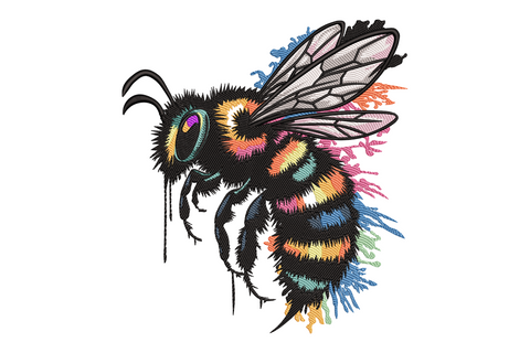 Vibrant bumblebee embroidery design, 14-color watercolor splatter style, detailed wing cells, 5 sizes up to 6.81 inches.