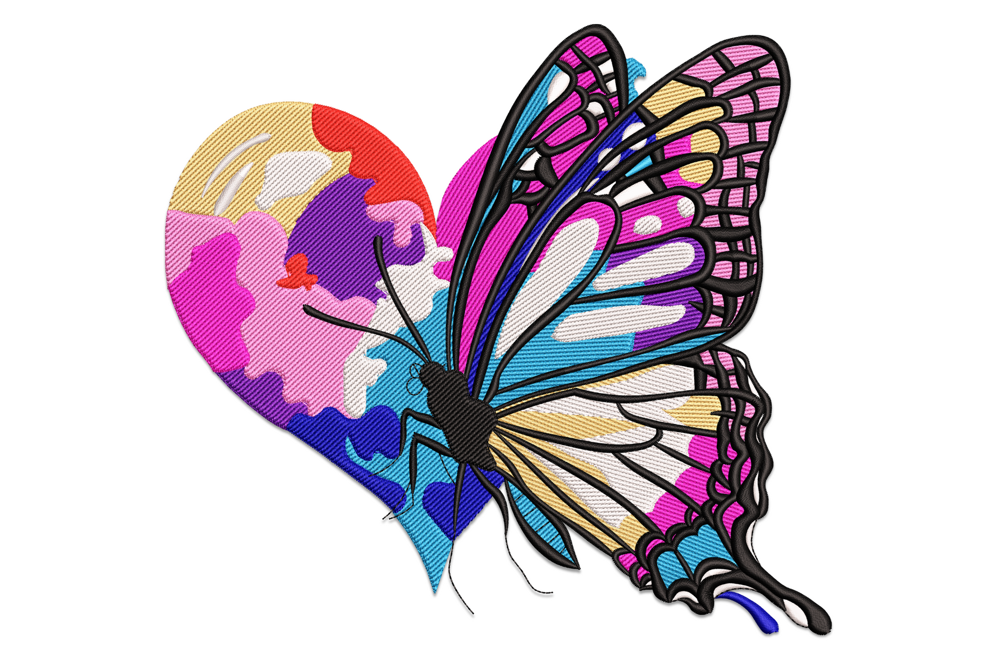 Vibrant butterfly heart embroidery design with a bold swallowtail butterfly in magenta, cyan and cream sitting on a multicolour watercolour blended heart.