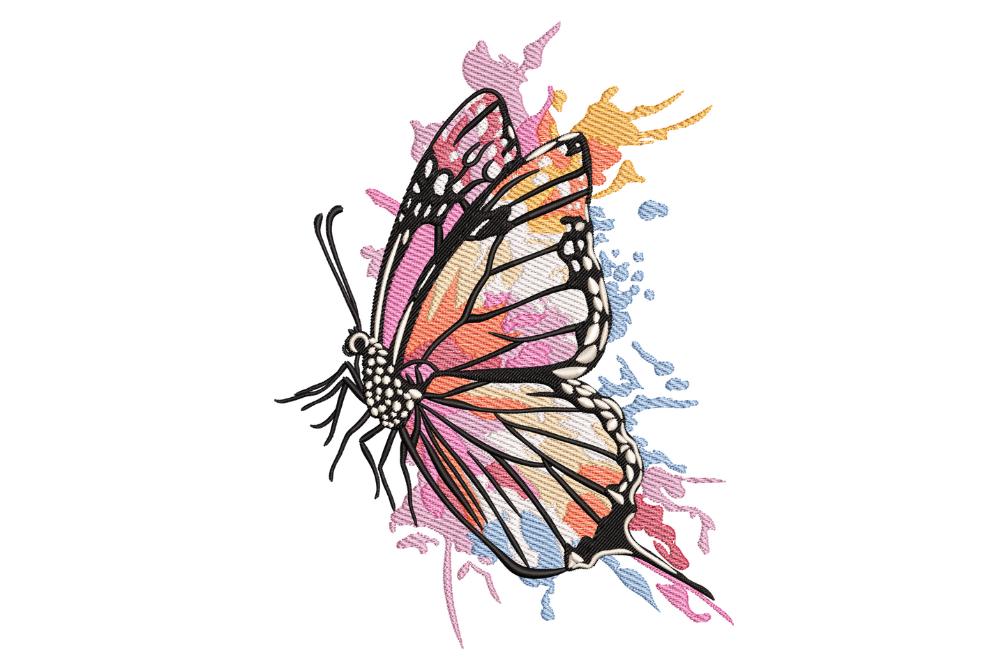 Vibrant open-winged butterfly machine embroidery design with ten thread colours, bold teal-to-orange gradient wings and dark vein lines on white background.